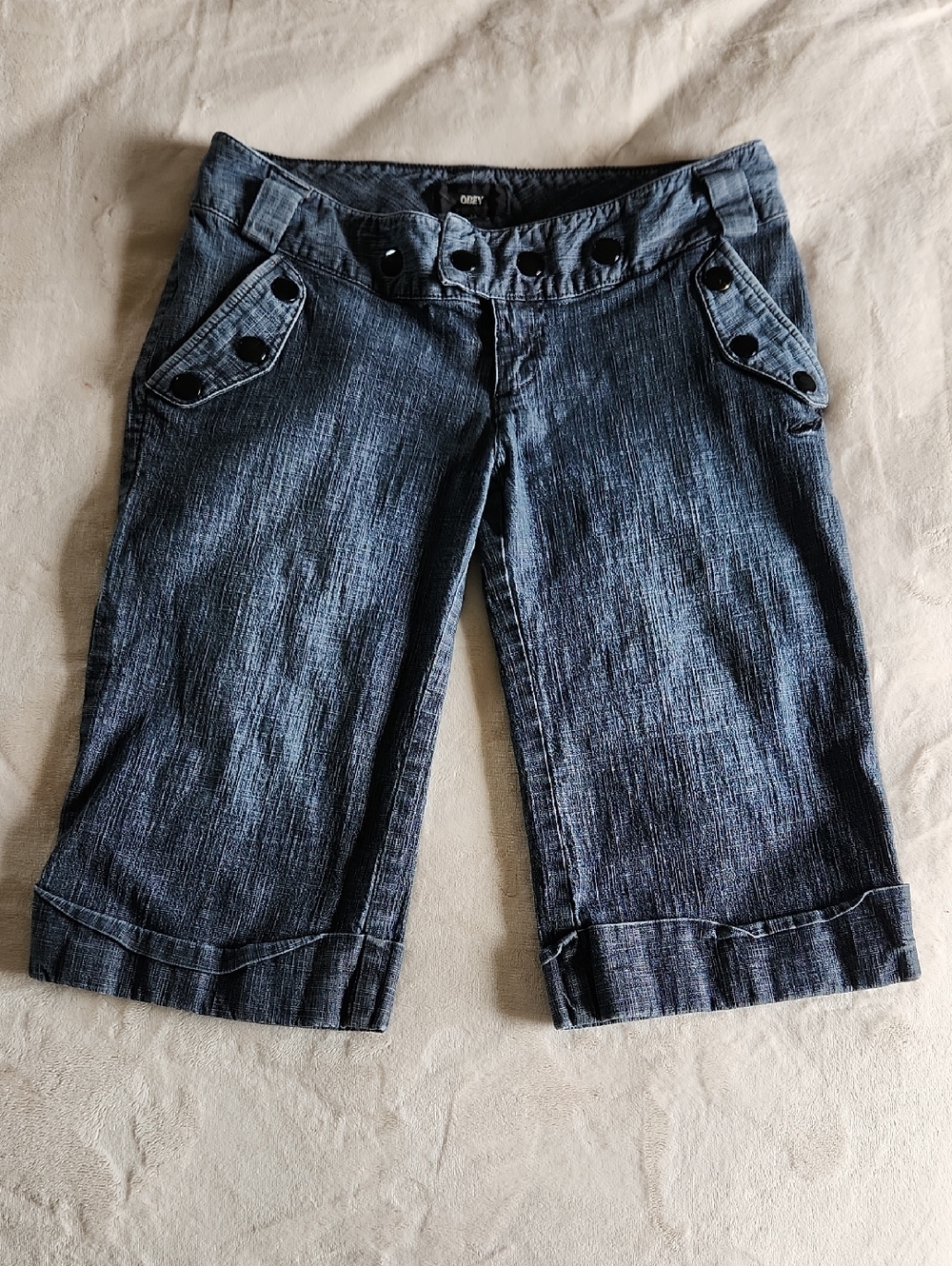 Rare Y2K Obey Dark Blue Denim Bermuda Shorts with Button Accents Sz 29